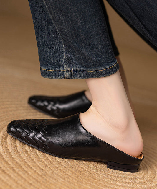Classy Leather Splicing Comfy Slide Black Sandals Cowhide FashionChic
