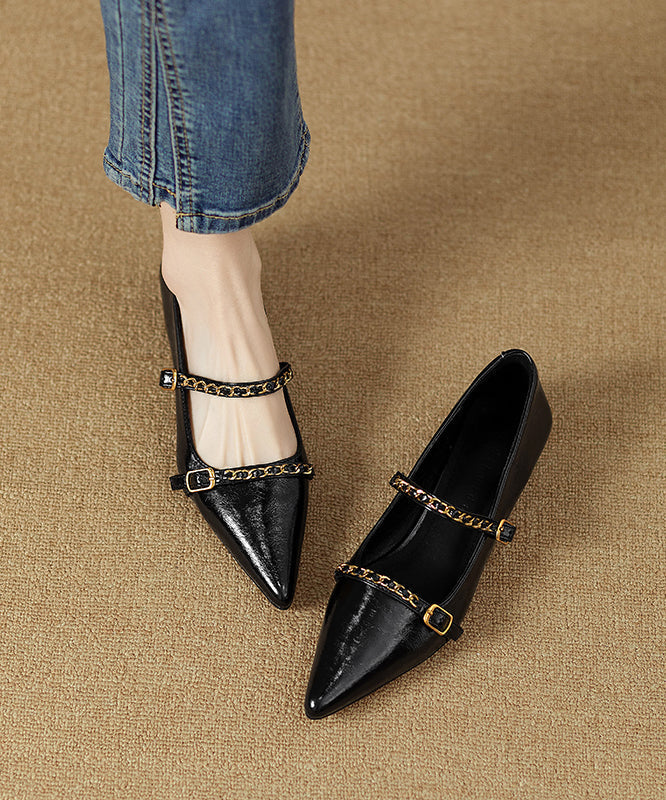 Classy Splicing Flat Shoes Black Cowhide Leather Pointed Toe RI021 ABC