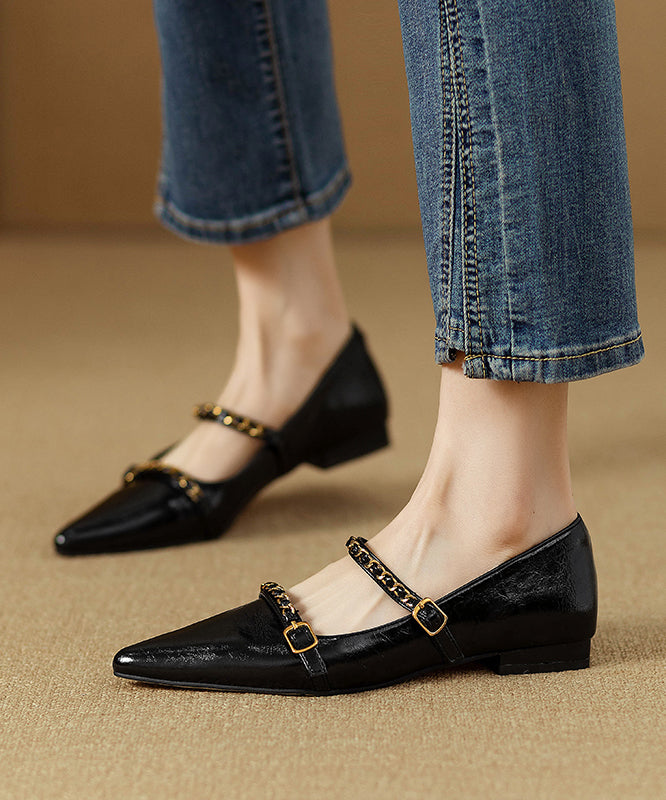 Classy Splicing Flat Shoes Black Cowhide Leather Pointed Toe RI021 ABC