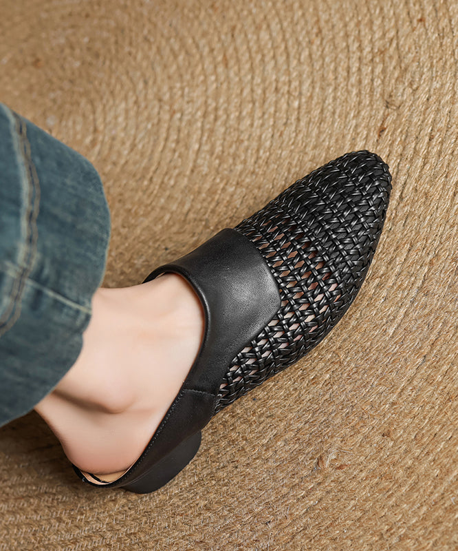 Black Splicing Sheepskin Slide Classy Breathable Out Hollow FashionChic