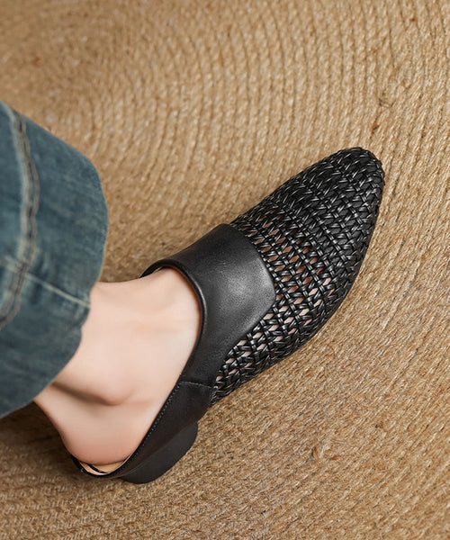 Black Splicing Sheepskin Slide Classy Breathable Out Hollow FashionChic