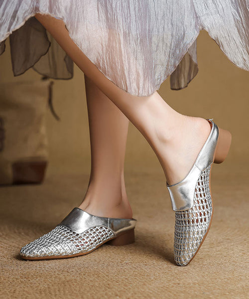 Black Splicing Sheepskin Slide Classy Breathable Out Hollow FashionChic