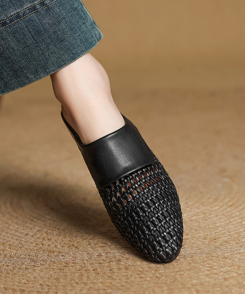 Black Splicing Sheepskin Slide Classy Breathable Out Hollow FashionChic