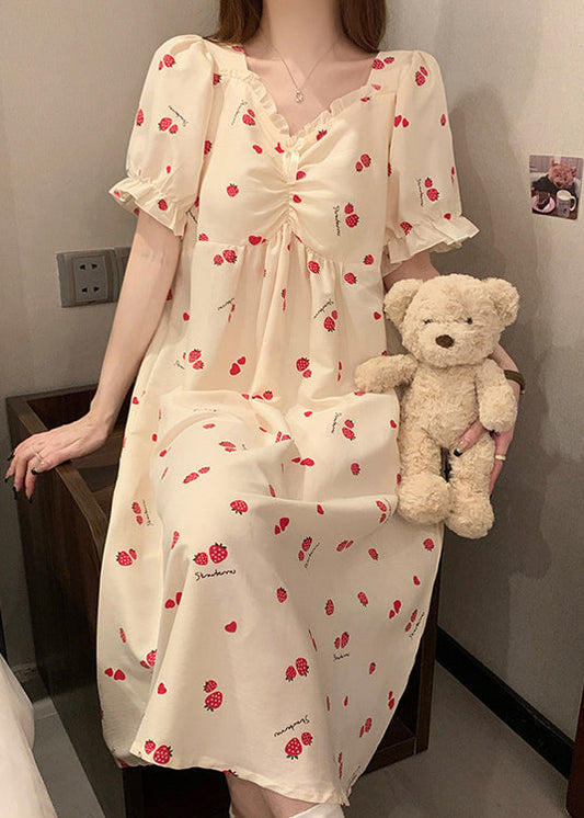 Classy Strawberry Print Ruffled Cotton Pajamas Dresses Butterfly Sleeve YK012 ABC