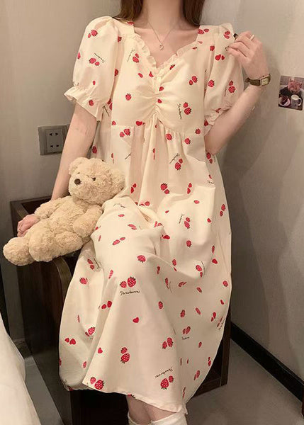 Classy Strawberry Print Ruffled Cotton Pajamas Dresses Butterfly Sleeve YK012 ABC