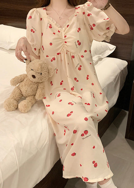 Classy Strawberry Print Ruffled Cotton Pajamas Dresses Butterfly Sleeve YK012 ABC