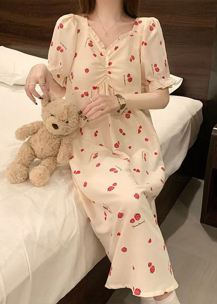 Classy Strawberry Print Ruffled Cotton Pajamas Dresses Butterfly Sleeve YK012 ABC