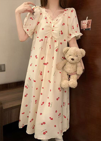 Classy Strawberry Print Ruffled Cotton Pajamas Dresses Butterfly Sleeve YK012 ABC