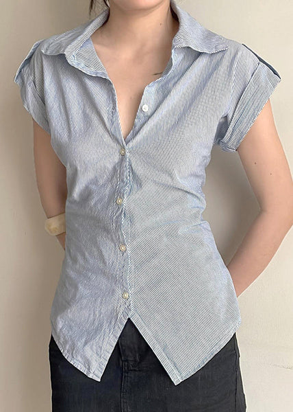 Classy Blouses Peter Striped Summer Button Collar Pan Cotton FashionChic