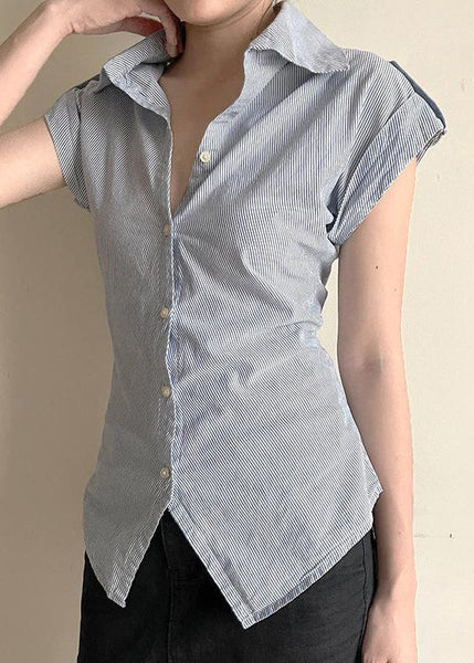 Classy Blouses Peter Striped Summer Button Collar Pan Cotton FashionChic