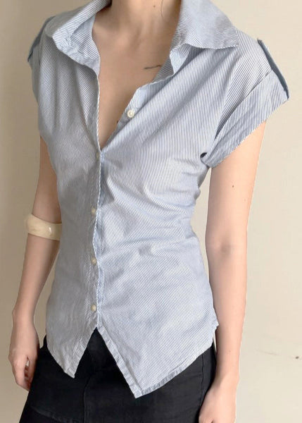 Classy Blouses Peter Striped Summer Button Collar Pan Cotton FashionChic