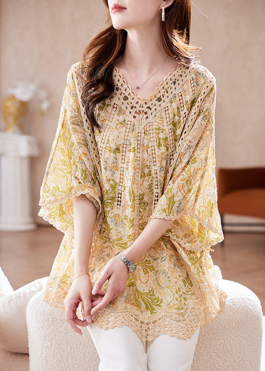Batwing Print Neck Out Cotton Classy Sleeve Tops Hollow V FashionChic