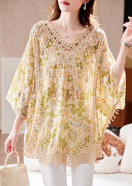 Batwing Print Neck Out Cotton Classy Sleeve Tops Hollow V FashionChic
