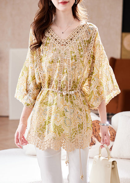 Batwing Print Neck Out Cotton Classy Sleeve Tops Hollow V FashionChic