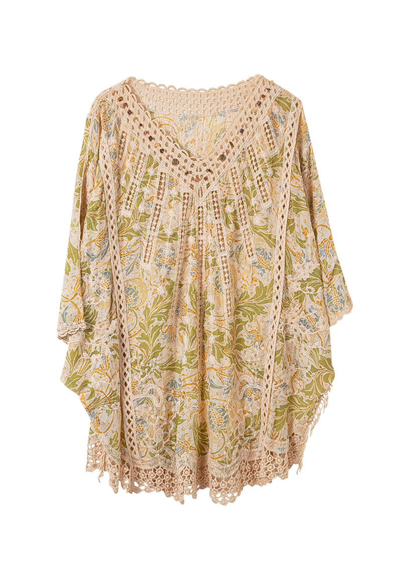 Batwing Print Neck Out Cotton Classy Sleeve Tops Hollow V FashionChic