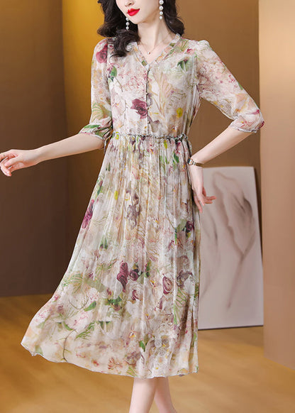 Classy V Neck Print Ruffled Drawstring Silk Dress Summer BB030 Hawaii-SDL240622