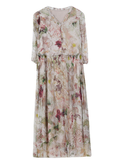 Classy V Neck Print Ruffled Drawstring Silk Dress Summer BB030 Hawaii-SDL240622