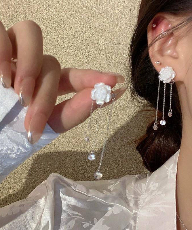 Alloy White Tassel Classy Earrings Crystal Drop Camellia FashionChic