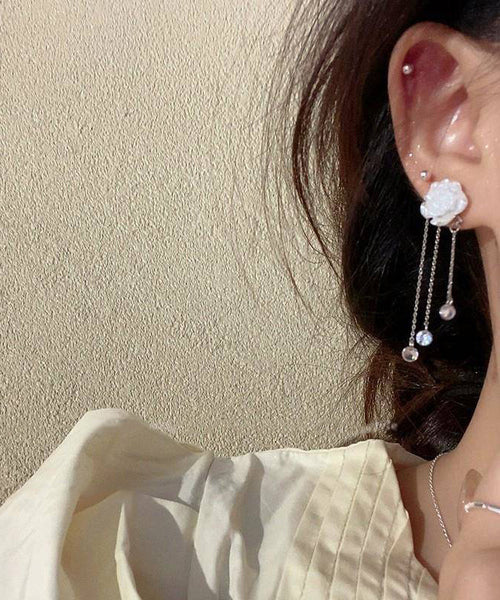 Alloy White Tassel Classy Earrings Crystal Drop Camellia FashionChic