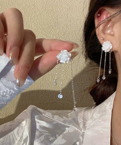 Alloy White Tassel Classy Earrings Crystal Drop Camellia FashionChic