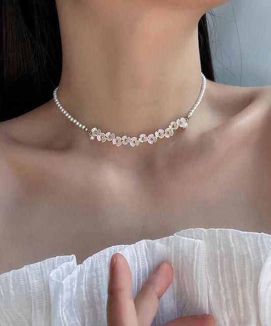 Bead Alloy Classy White Gratuated Floral Pear Necklace FashionChic