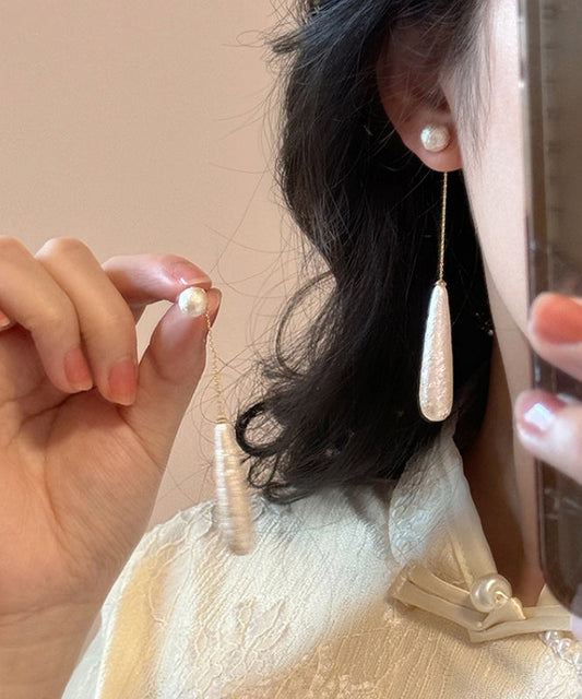 Earrings Drop Classy Water Tassel Pearl Alloy White FashionChic