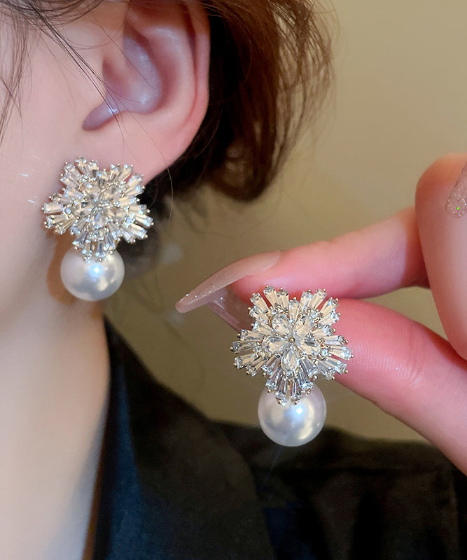 Classy White Alloy Zircon Pearl Snowflake Stud Earrings WI009 JEW-EAR241105