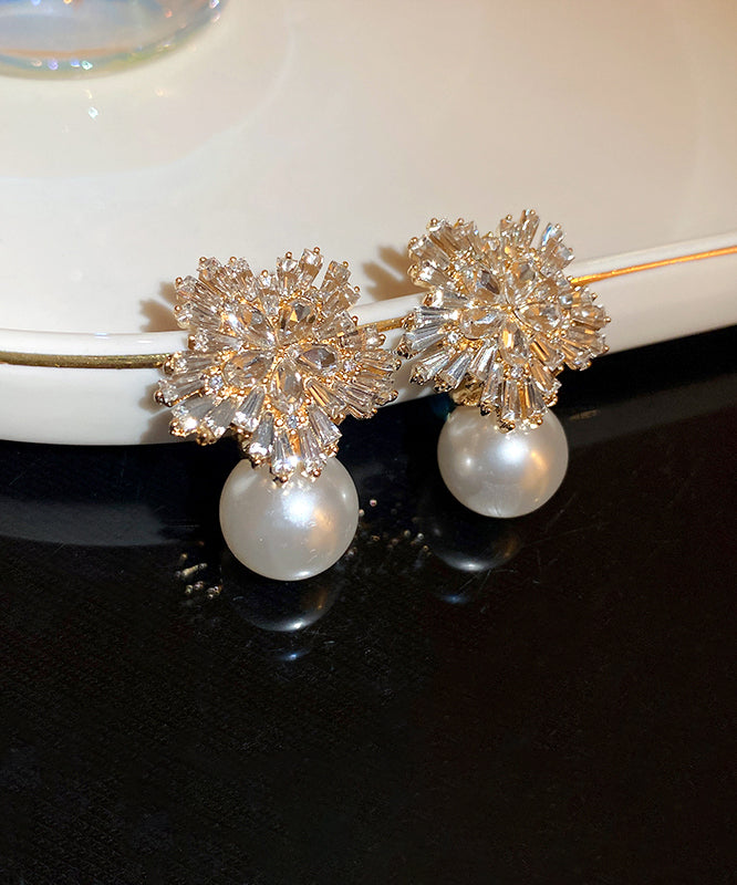 Classy White Alloy Zircon Pearl Snowflake Stud Earrings WI009 JEW-EAR241105