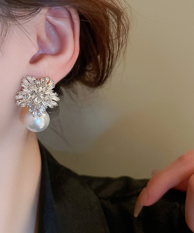 Classy White Alloy Zircon Pearl Snowflake Stud Earrings WI009 JEW-EAR241105