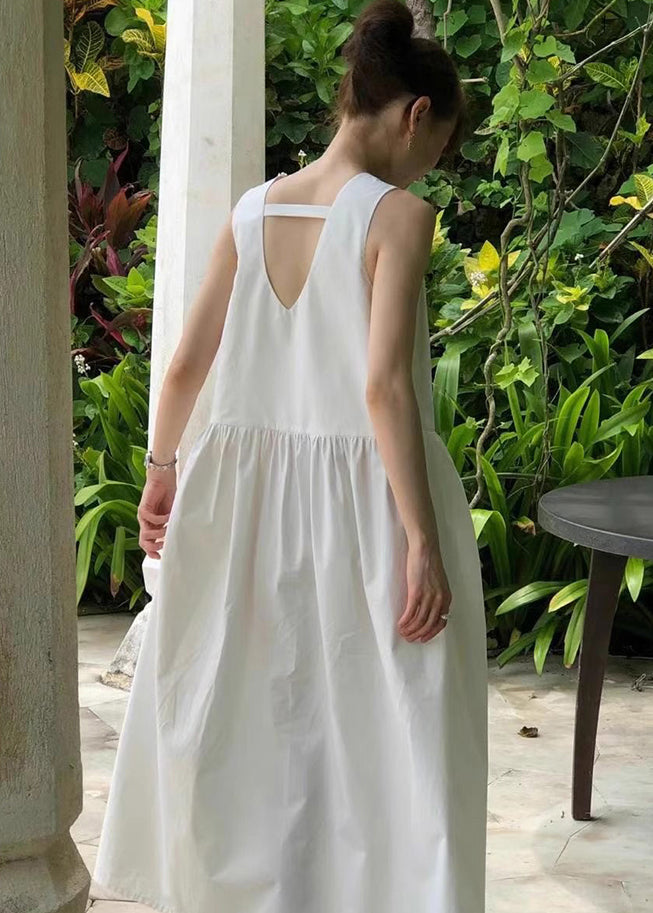 Classy White Backless Cotton Holiday Dress Sleeveless TZ025