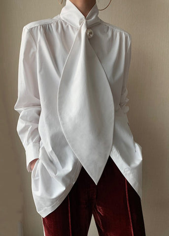 Bow Patchwork Spring Classy Shirts Cotton White FashionChic