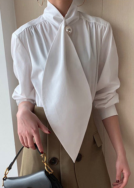 Cotton White Bow Patchwork Classy Shirts Spring FashionChic