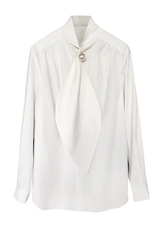 Cotton White Bow Patchwork Classy Shirts Spring FashionChic