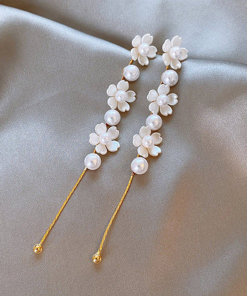 Earrings Pearl Drop Copper White Floral Classy Tassel FashionChic