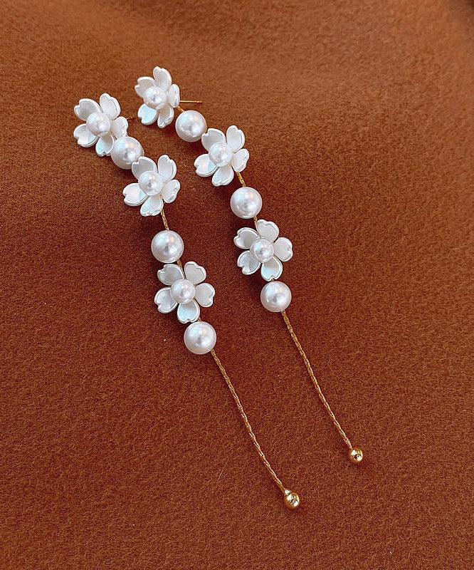 Earrings Pearl Drop Copper White Floral Classy Tassel FashionChic