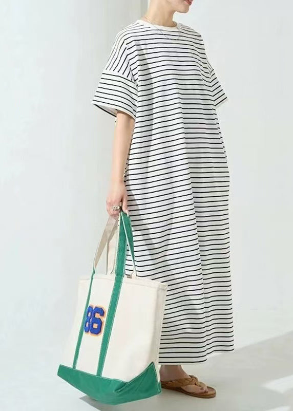 Classy Striped Dress Cotton Oversized Summer Maxi White FashionChic