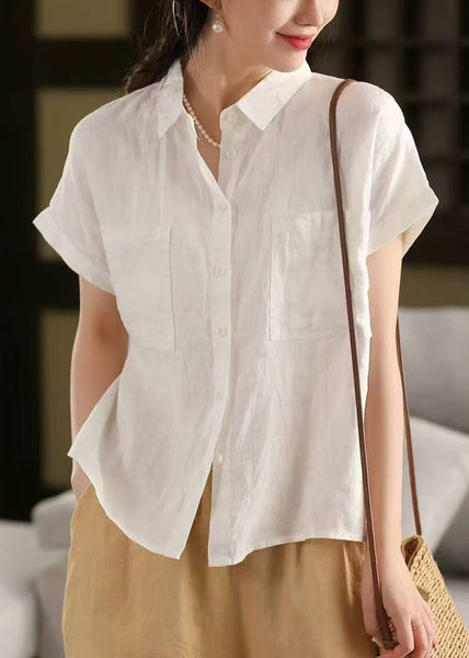 Classy Peter Shirt Linen Summer Collar White Pan Pockets Top FashionChic