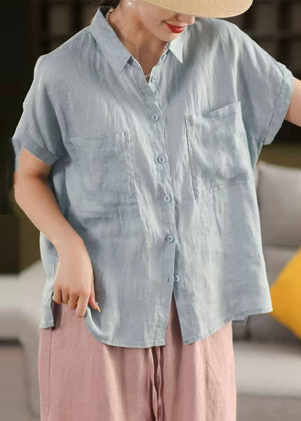 Classy Peter Shirt Linen Summer Collar White Pan Pockets Top FashionChic