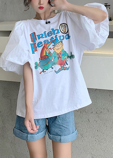 Classy Summer Cotton Sleeve Puff Tanks Print White FashionChic