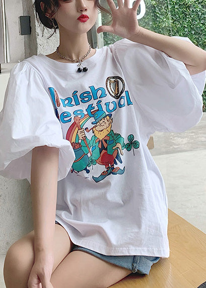 Classy Summer Cotton Sleeve Puff Tanks Print White FashionChic