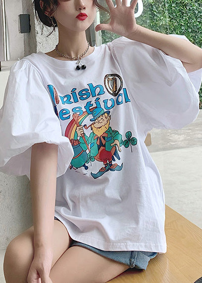 Classy Summer Cotton Sleeve Puff Tanks Print White FashionChic