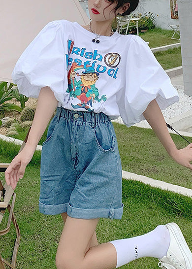 Classy Summer Cotton Sleeve Puff Tanks Print White FashionChic