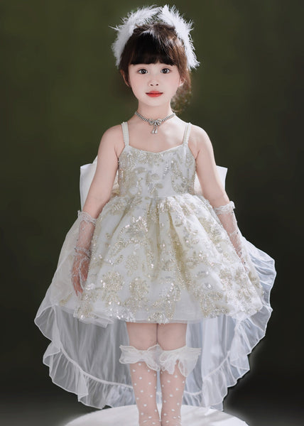 Classy White Sequin Tulle Girls Dress And Trailing Dress Two Pieces Set Summer YE014 ABC