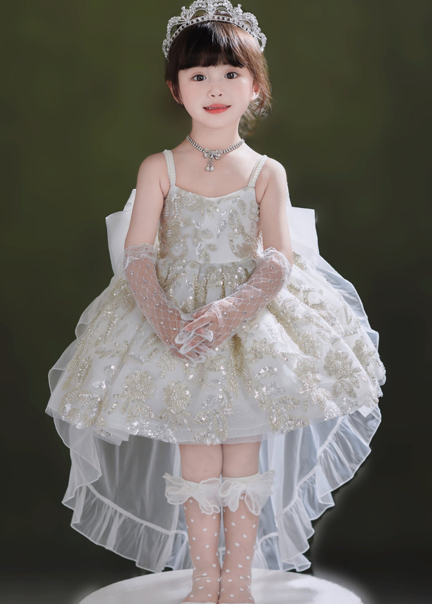 Classy White Sequin Tulle Girls Dress And Trailing Dress Two Pieces Set Summer YE014 ABC