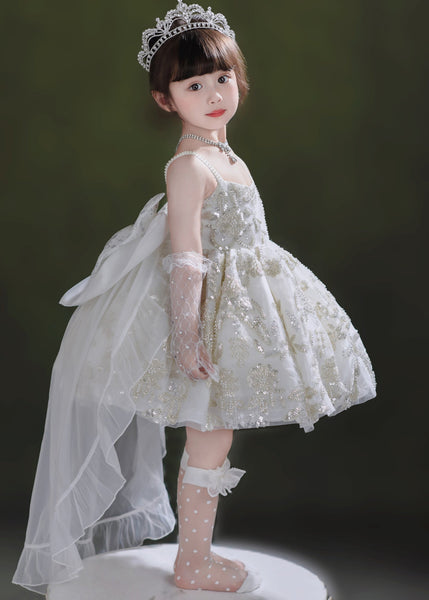 Classy White Sequin Tulle Girls Dress And Trailing Dress Two Pieces Set Summer YE014 ABC