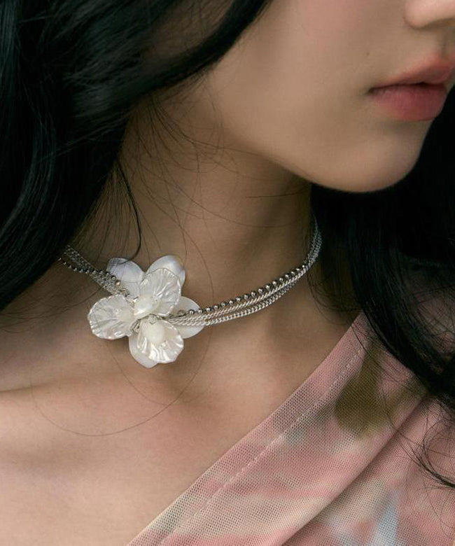 Classy White Stainless Steel Floral Pearl Shell Multi Layer Gratuated Bead Necklace YR016 ABC