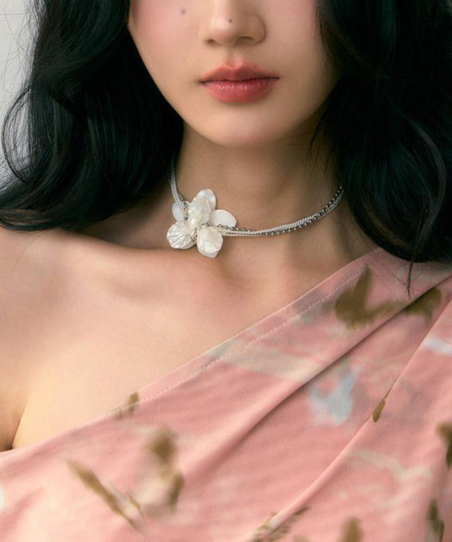 Classy White Stainless Steel Floral Pearl Shell Multi Layer Gratuated Bead Necklace YR016 ABC