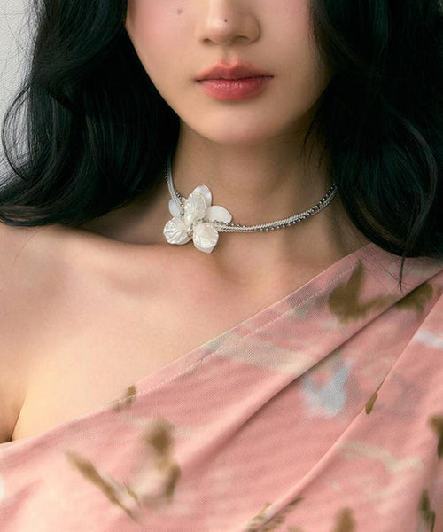 Classy White Stainless Steel Floral Pearl Shell Multi Layer Gratuated Bead Necklace YR016 ABC