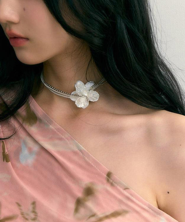 Classy White Stainless Steel Floral Pearl Shell Multi Layer Gratuated Bead Necklace YR016 ABC