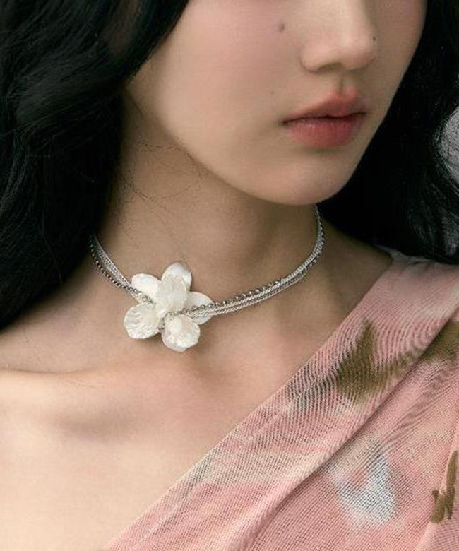 Classy White Stainless Steel Floral Pearl Shell Multi Layer Gratuated Bead Necklace YR016 ABC
